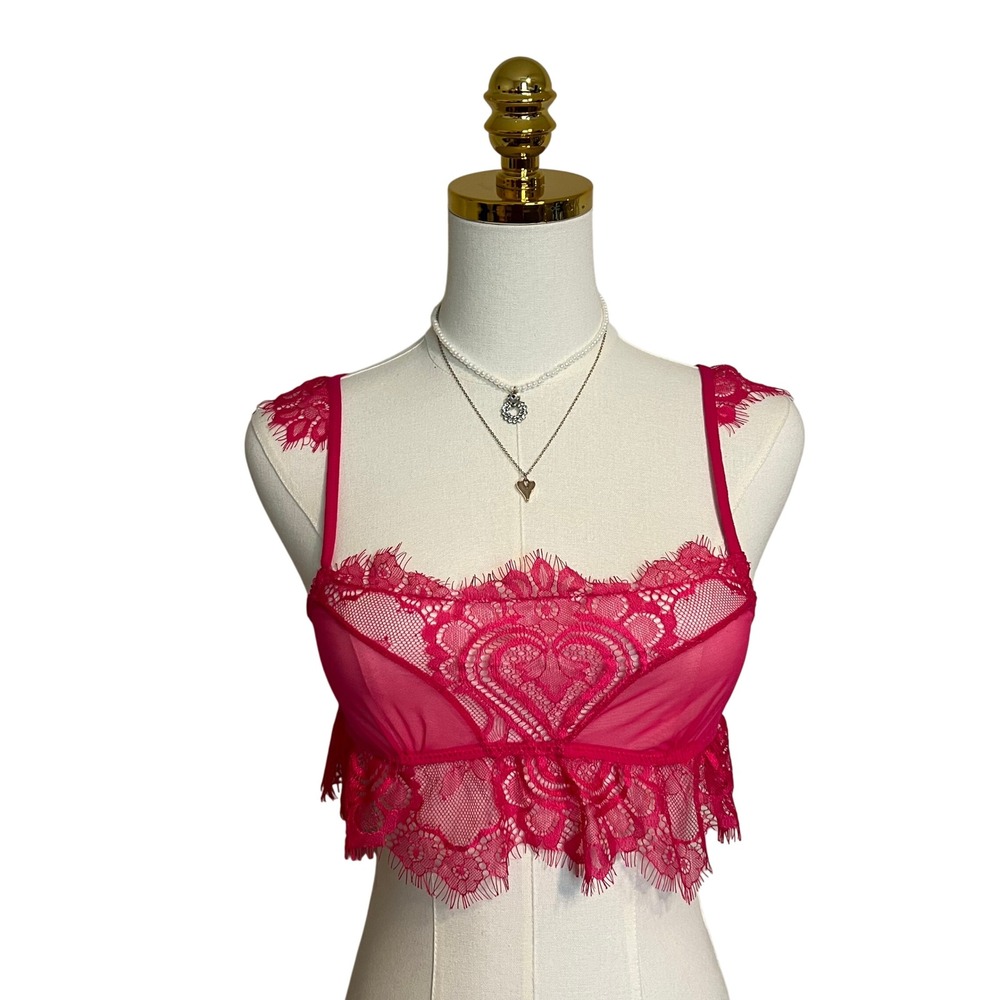 Hot Pink Heart Lace Eyelash Trim Bralette Sheer Mesh Longline Bra S/M